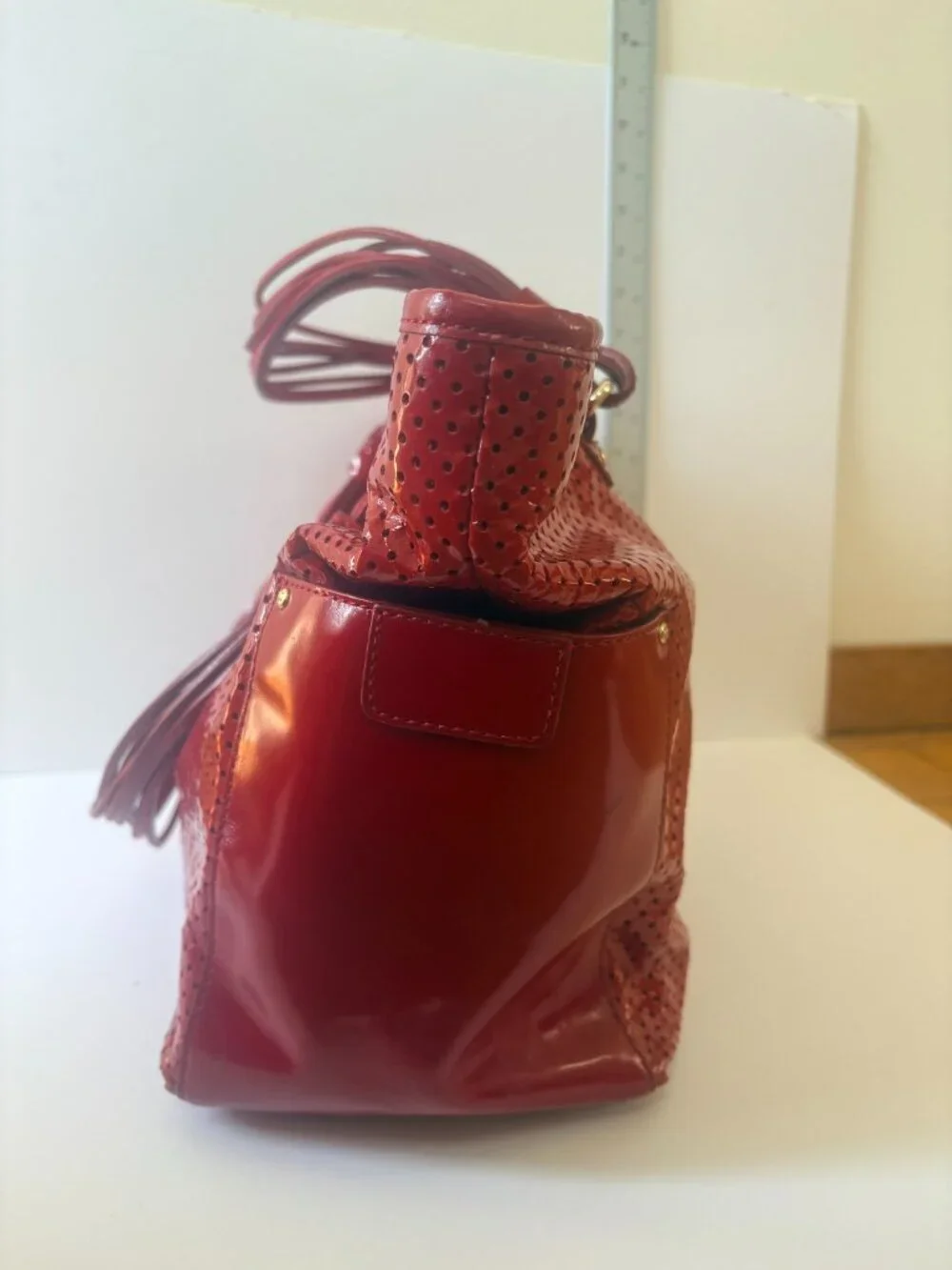 Kate Spade Patent Leather Red Shoulder Bag. 17L x 9H x 6W (inches)